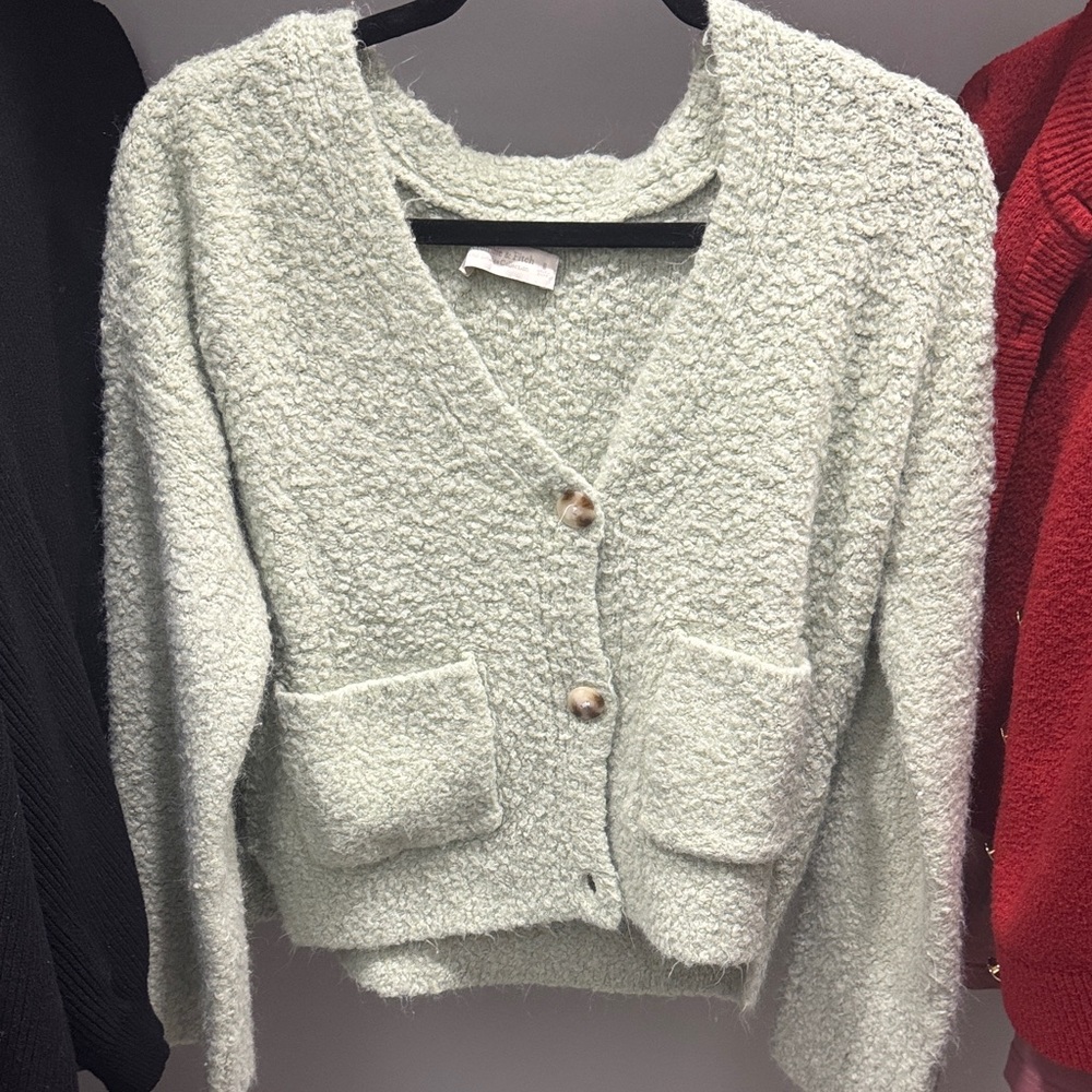Women's Green Boucle Textured Sweater - Size Small